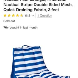 Big Joe Captain's Float No Inflation Needed Pool Lounger, American Nautical Stripe Double Sided Mesh, Quick Draining Fabric, 3 feet