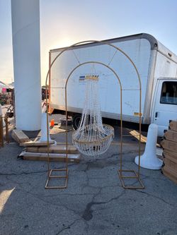8ft Tall Gold Metal Round Top Double Arch Wedding Arbor Ceremony Stand, Flower Balloon Frame Backdrop Stand