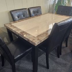 Brand New Brown Faux Marble Dining Table (60"×42"×30"H) + 6 Brown Faux Leather  Chairs