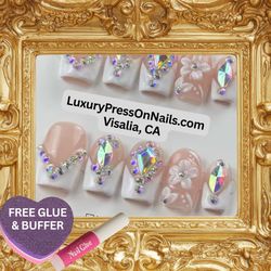White French Tip Rhinestone 3D Floral Nails - FREE GLUE & BUFFER