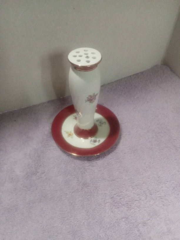 KPM Vintage Porcelain Floral China Hat Stick Pin Holder Stand Gold Rose Lustre