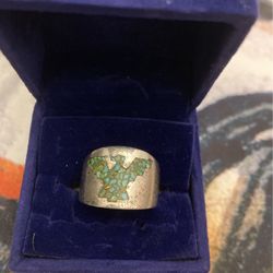 Sterling Silver unisex Ring.  Handcrafted In Mexico with Turquoise Inlaid Bird Pattern