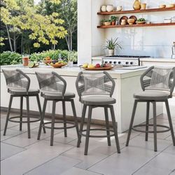 Outdoor Bar Stools Set of 4, 360° Swivel Aluminum Rattan Barstools, Olefin Rope Counter Height Bar S