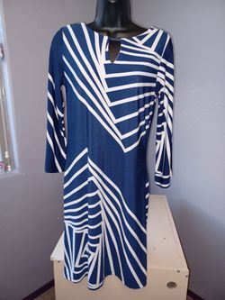 Blue White Geometric Pattern Long Sleeve Dress Size small