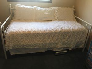 Photo Daybed, White, Like New includes Brand New Duvet, matching bed skirt and three sham covers. Never used. Just don’t need it. Remodeling.