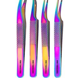 Fiber Tip Lash Tweezers- Pack of 4 Eyelash Extension Tweezers Professional- Lash Tweezers