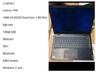 ( Laptop ) Lenovo 14w Amd A6 9220c Dual Core 1.8ghz Series Webcam 64bit System Win 11 Pro Bluetooth WiFi 8gb Ram
128gb SSD