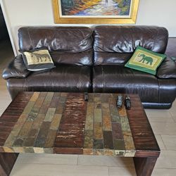 100% Leather Electric Reclining Sofa With Matching Wood TAble 