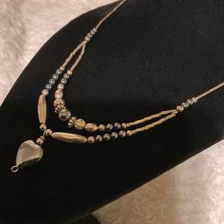 Silver Double Strand Necklace With Silver And Smoky Quartz Beads/smoky Quartz Heart Pendant 