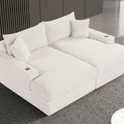 Brand New White Super Plush Chenille Double Chaise Sofa 