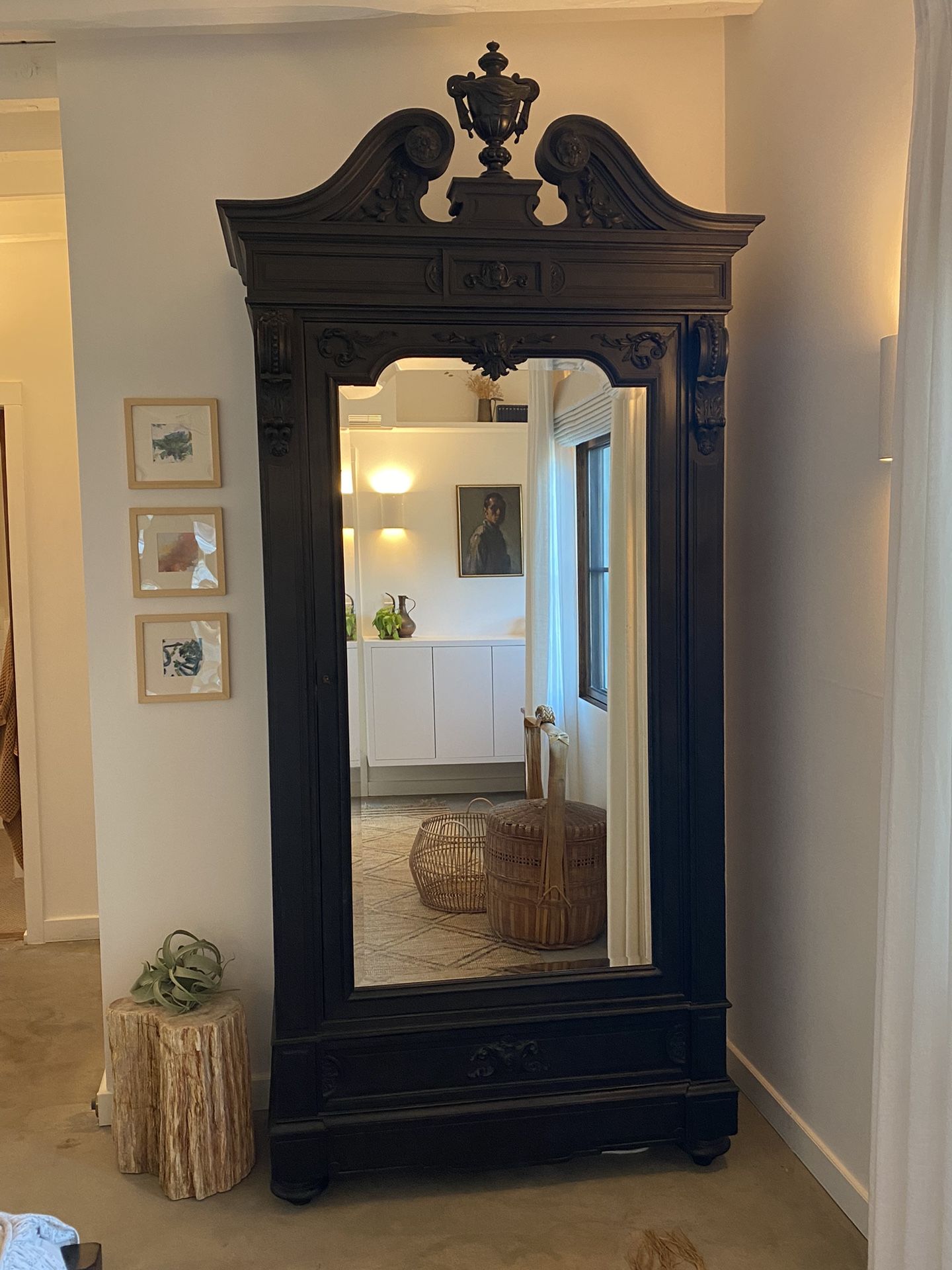 Antique Mirrored Armoire, Burlwood Detail, With Original Working Key