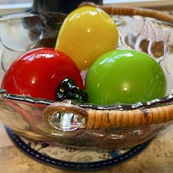 Vintage Carnival Glass Bowl With Glass Fruit