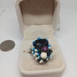 Size 9.5 Coctail Bee Design Multi Gemstone Amethyst 16x10mm Top Ring 32x25mm 