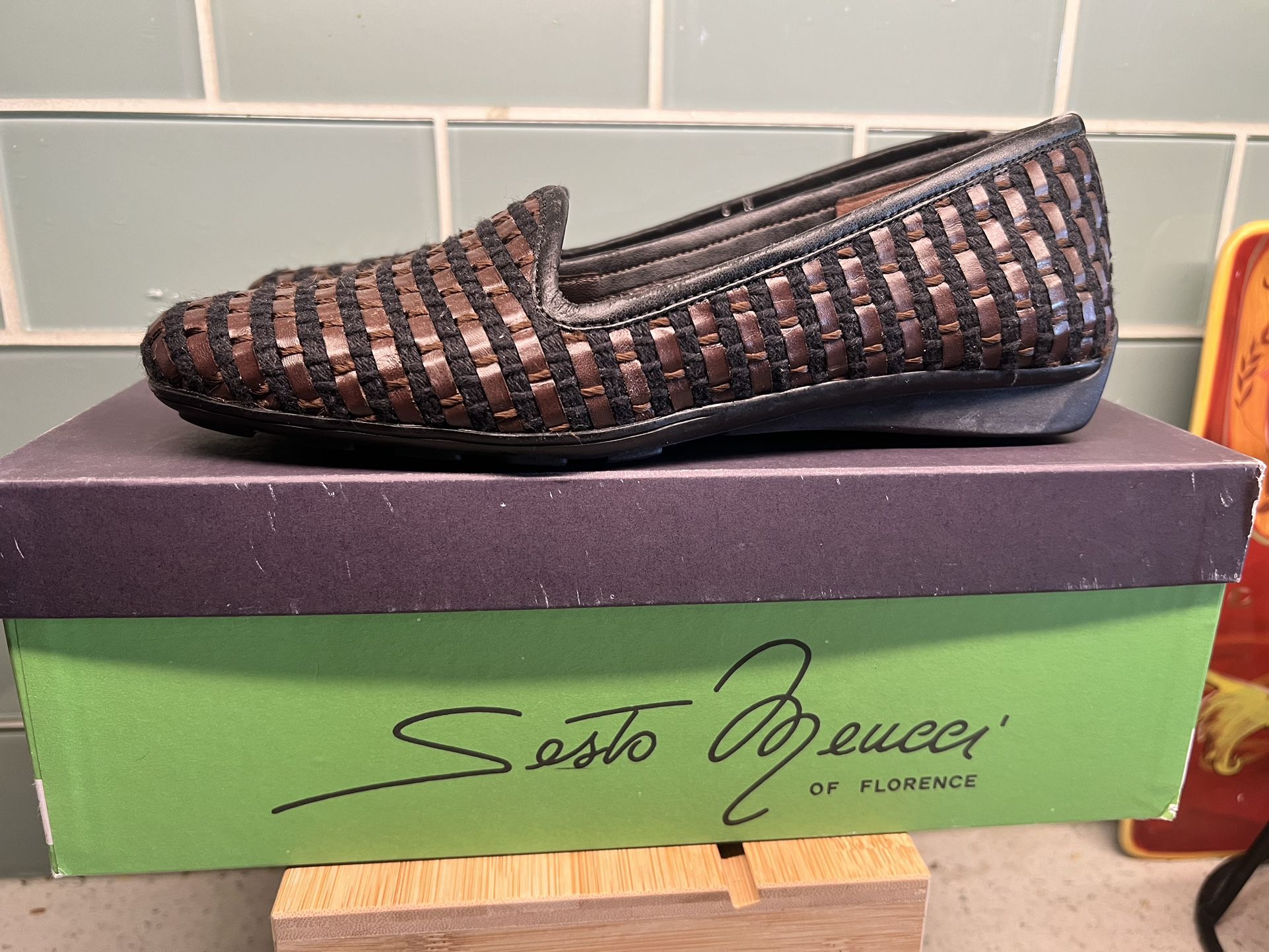 Sesto Meucci Womens Flats Sz 6N Black Woven Leather Shoes Made In Italy Pull On