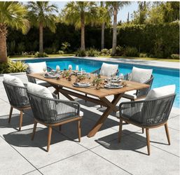 7 Pieces Outdoor Patio Dining Set, Aluminium Rectangular Dining Table and Wicker Rattan Chairs Set for Outside Backyard, Poolside