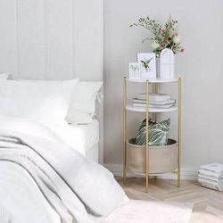 New Round End Table, 3-Tier Side Table Accent Table with Detachable Linen Basket White Gold