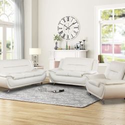 Modern Style White Leather Three Piece Couch Set