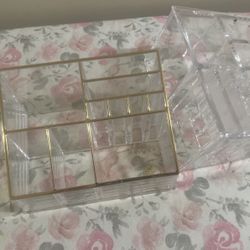 Makeup Holders  Pair  Clear Acrylic Container With Gold Trimming 