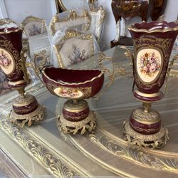 Curio Italian Decorative Set LOOK UP Ornate Italian porcelain and brass decorative vases and bowl. TIME PERIOD Late 20th Century ORIGIN Italy ESTIMATE