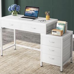 Little Tree Computer Desk with 5 Drawers, Home Office Desks with Reversible File Drawer Cabinet P