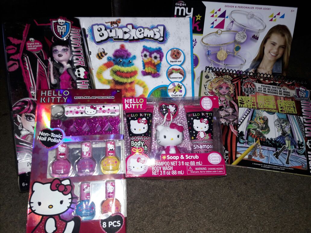 Girl monster high doll, Hello Kitty polish set,soap & scrub,monster high fashions sketch set,bracelet kit,bunchems set