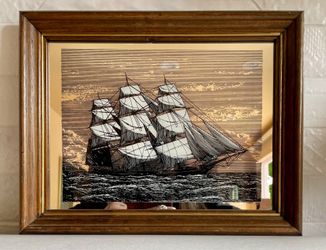 Vintage MCM Wood Framed Mirrored Print of Clipper Ship by K. Bloch