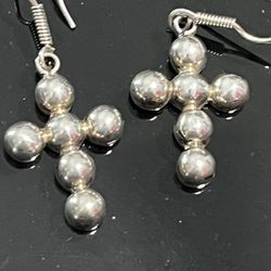 Vintage Sterling Silver Modernist Ball Casted Dangle Drop Cross Earrings 