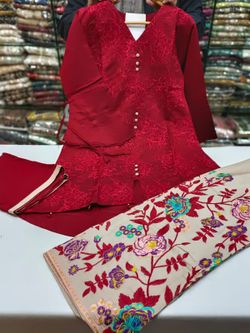 Pakistani / Indian 3pc Embroided Tale Frock With Embroided Trouser And Chiffon Dupata 