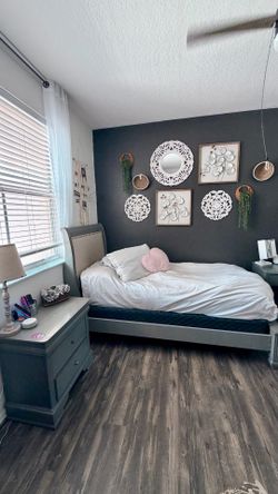 Gray Wood Twin Sleigh Bed with Upholstered Nailhead Headboard | 2 Beds + Matching Furniture