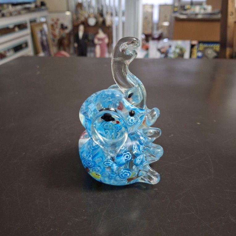 Awesome Hand Blown Murano Style Millefiori Elephant Paperweight Sitting Down W/Trunk Up For Good Luck Blue & White 4.25" X 2.5" SEE DESCRIPTION