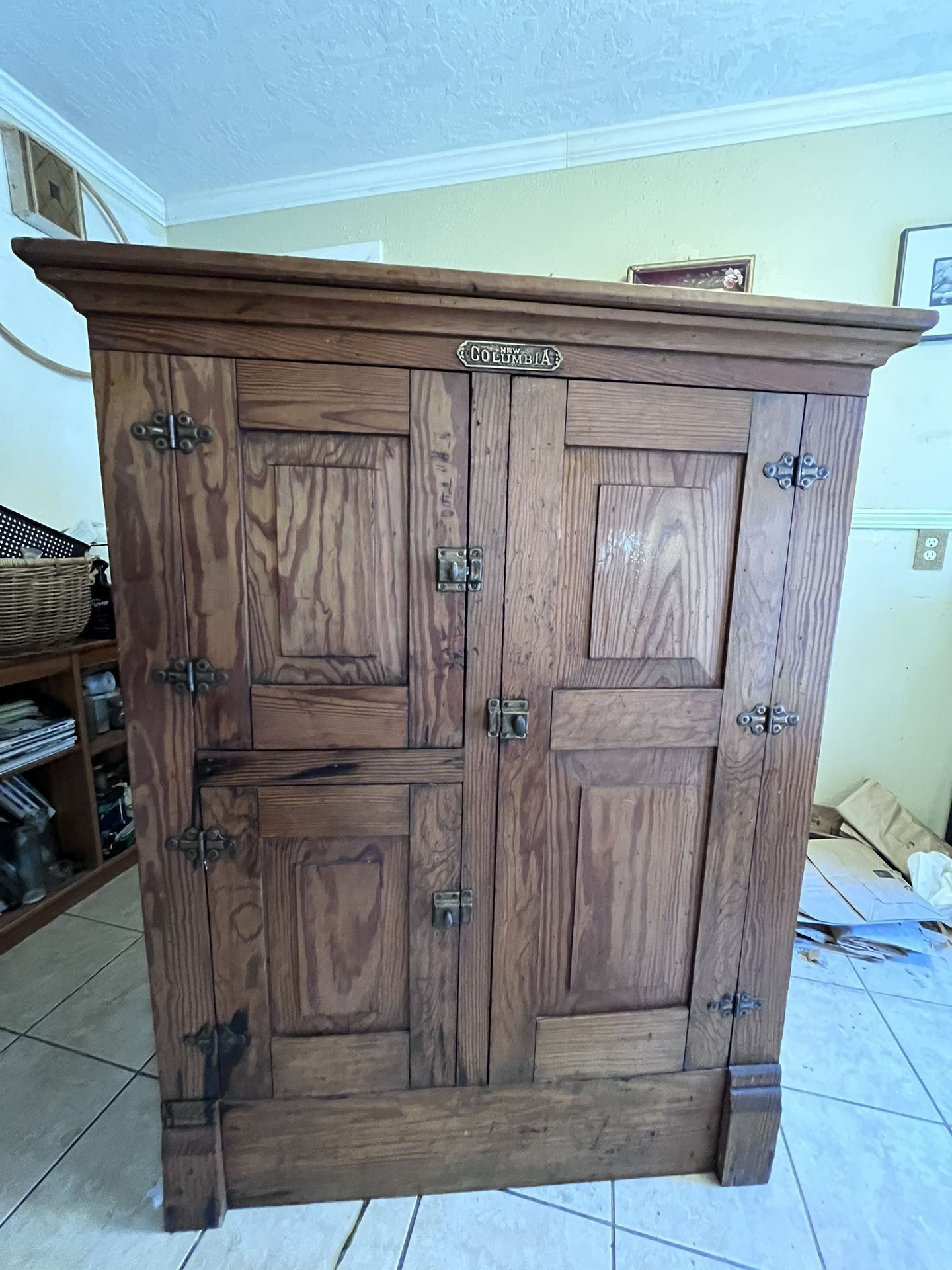 Antique New Columbia Icebox – Solid Wood, Original Hardware