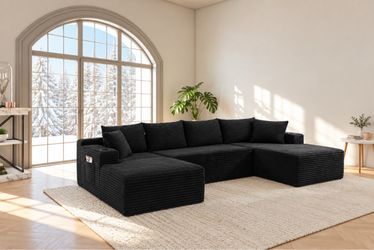 133" U-Shaped Modular Sectional Sofa, Boneless Couch, Black Cloud Luxury Comfort, Couches for Living Room, Storage & Cupholder, Oversized Corduroy So
