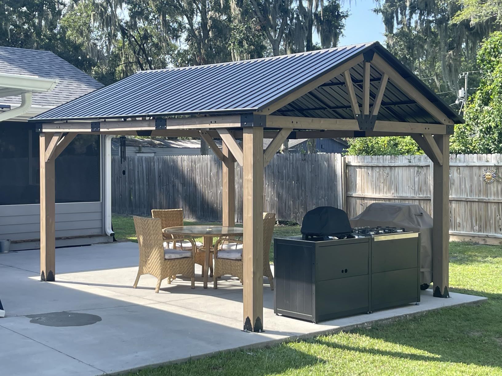 Aoodor 10'x12' Outdoor Patio Wooden Frame Gazebo with Galvanized Metal Hardtop Roof and Outlets