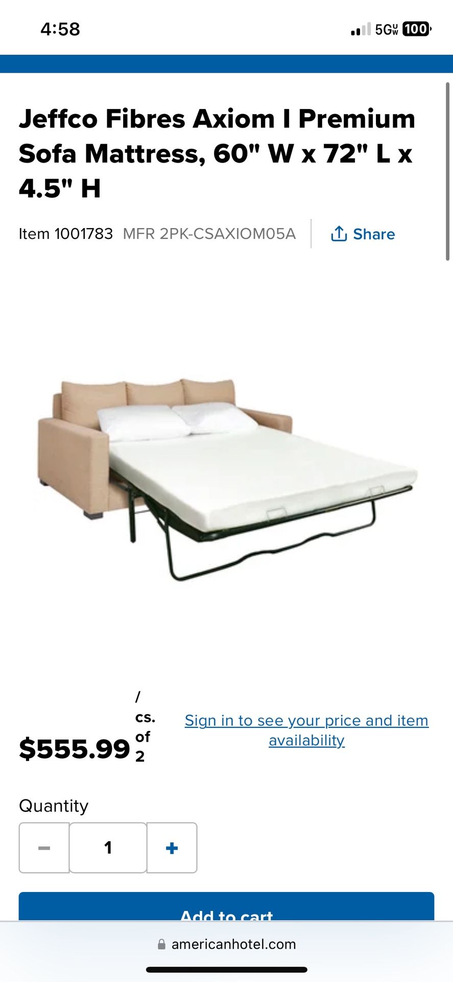 Sofa Bed Mattress 60” x 72”