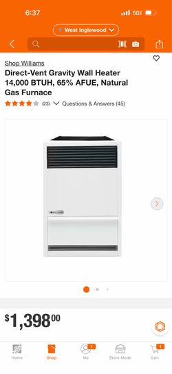 Williams Direct-Vent Gravity Wall Heater 14,000 BTUH, 65% AFUE, Natural Gas Furnace