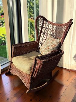 Antique Primitive Wicker Rocking Chair with Cushion