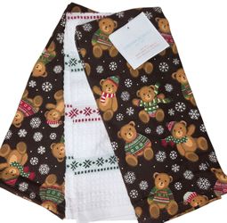 Cynthia Rowley Christmas Teddy Bear Kitchen Towels Set Organic Cotton Brown New