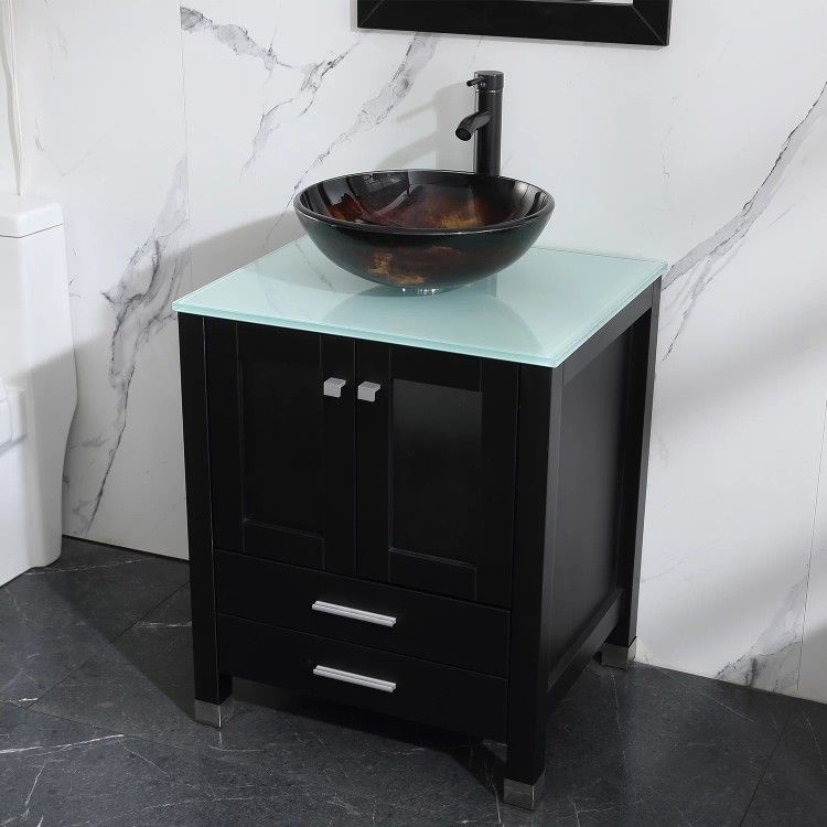 24 inch Modern Black Bathroom Vanity and Sink Combo Wood Cabinet with Vessel Sink