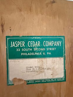 Rare original Jasper Cedar Company hanging wardrobe styled clothing closet with blue flower cushion