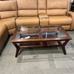 COFFEE TABLE: Brown rectangular Coffee Table w/ 4 accents glasses & bottom shelve SKU Z987SC