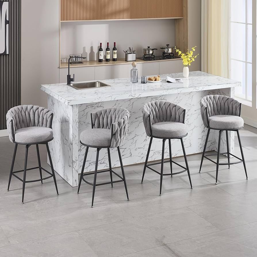 BFZ Bar Stools Set of 4 for Kitchen Counter, 26 inch Modern Fabric Counter Height Barstools, 360°Swivel Bar Chairs Stools with Woven Back and Footrest
