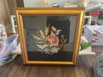Vintage framed floral needlepoint picture