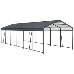 12 X 32 FT Carport, Heavy Duty Carport with Galvanized Steel Roof and Frame, Metal Carport Large Garage with 4 Fixed inclined square tube supports for