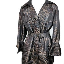 💥New Alfani WMS Sz Lp Brown Leopard Print Poly Nylon Trench Coat S36 size Medium  (reseda ca)