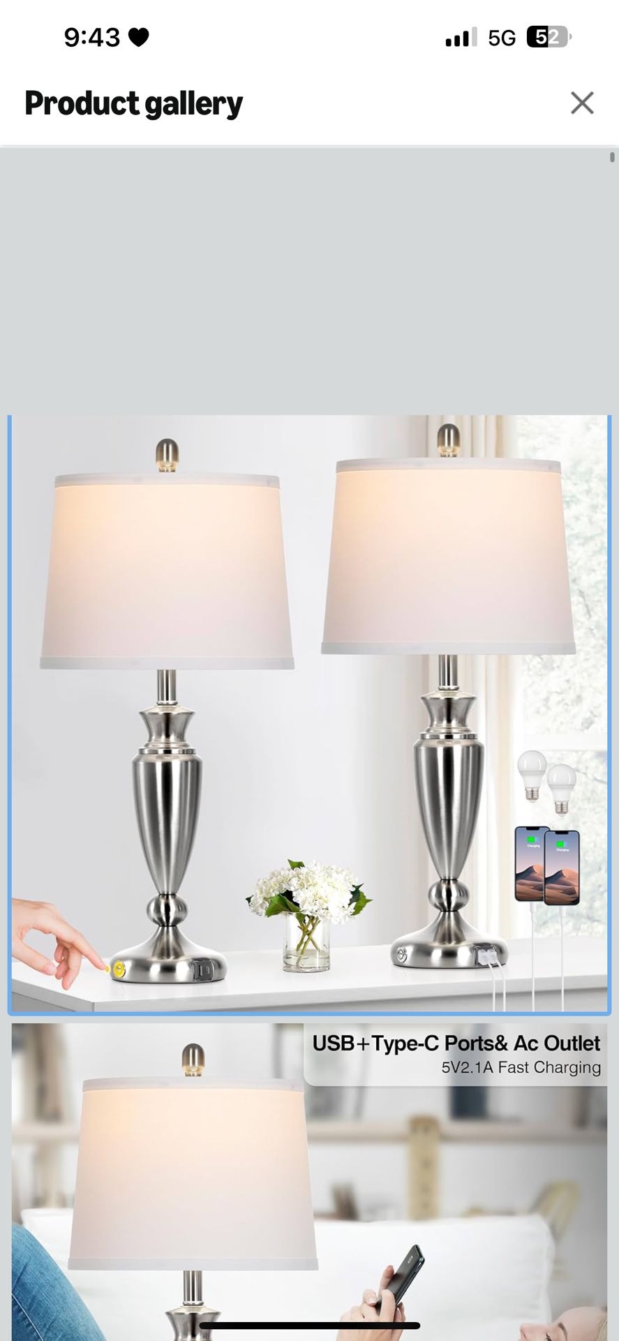 Metal Table Lamps Set of 2, 3 Way Touch Control Silver Bedside Lamp with USB A+C Ports, Modern Brushed Nickel Nightstand Lamps for Bedroom Living Room