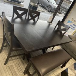 Kelly Adjustable Dining Table With Four Chairs And Bench Now $699. Easy Finance Option, And Same-Day Delivery.