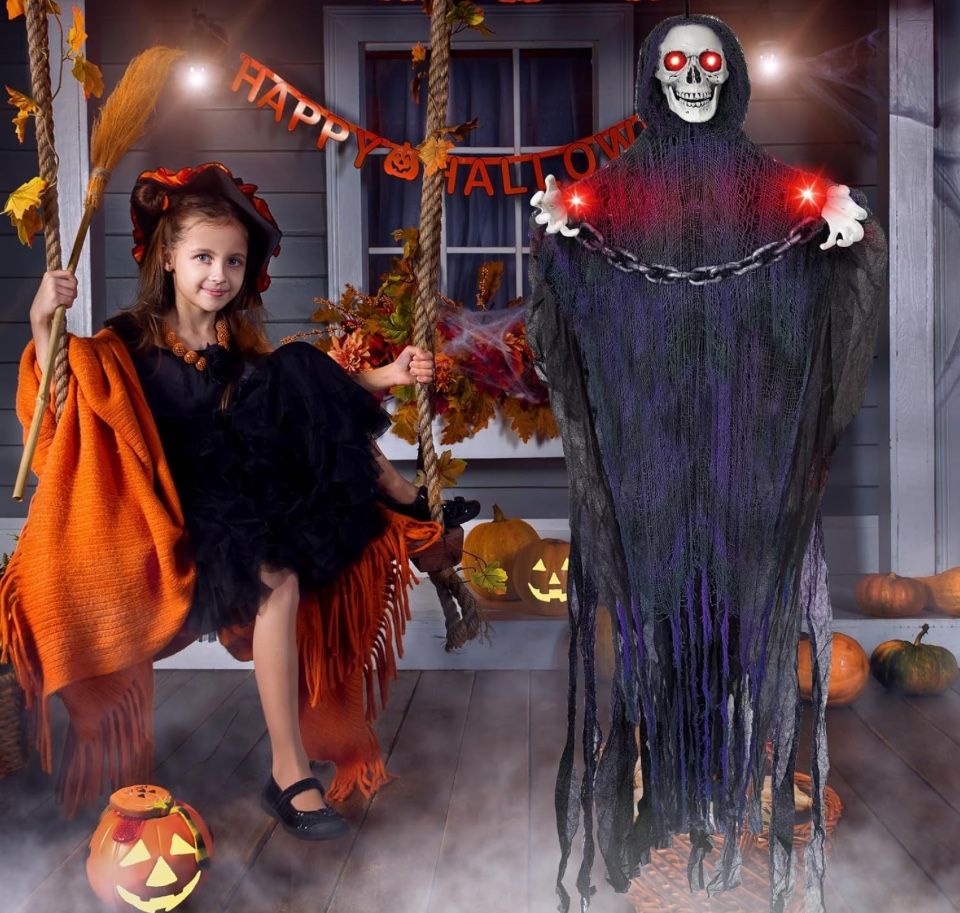 74'' Halloween Animatronics Hanging Grim Reaper with Chain, Spooky Halloween Skeleton Flying Ghost Light Up Eyes Sound Activated, Halloween Outdoor D