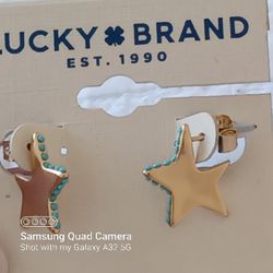 New- LUCKY BRAND - Gold Tone Turquoise Edged Star Earrings