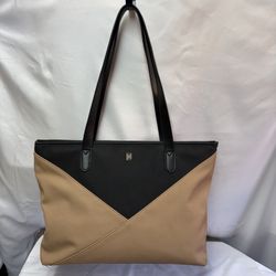 NOTIQ Duo Tone Zip Tote / Handbag & Matching Zipper Pouch Black & Beige Vegan Leather