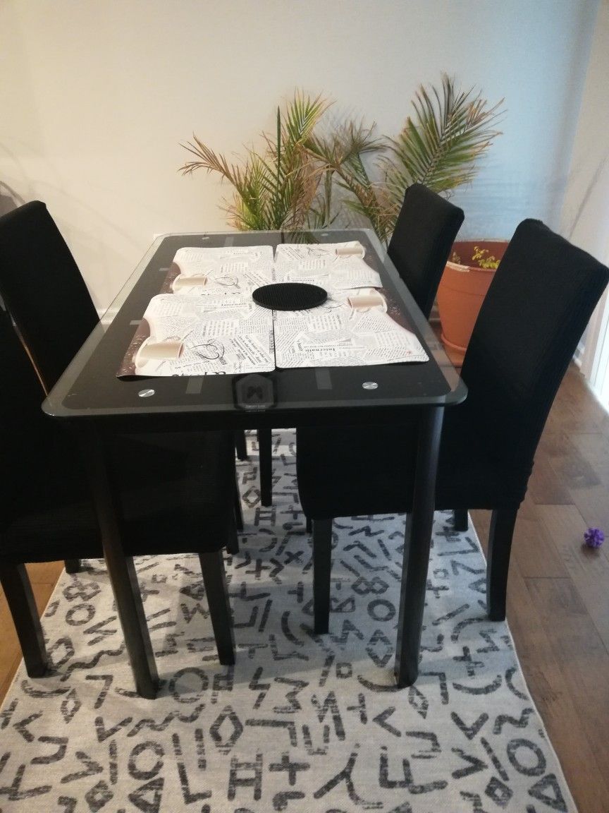 Glass Dining Table With Metal Frame With 4  Wooden Chairs